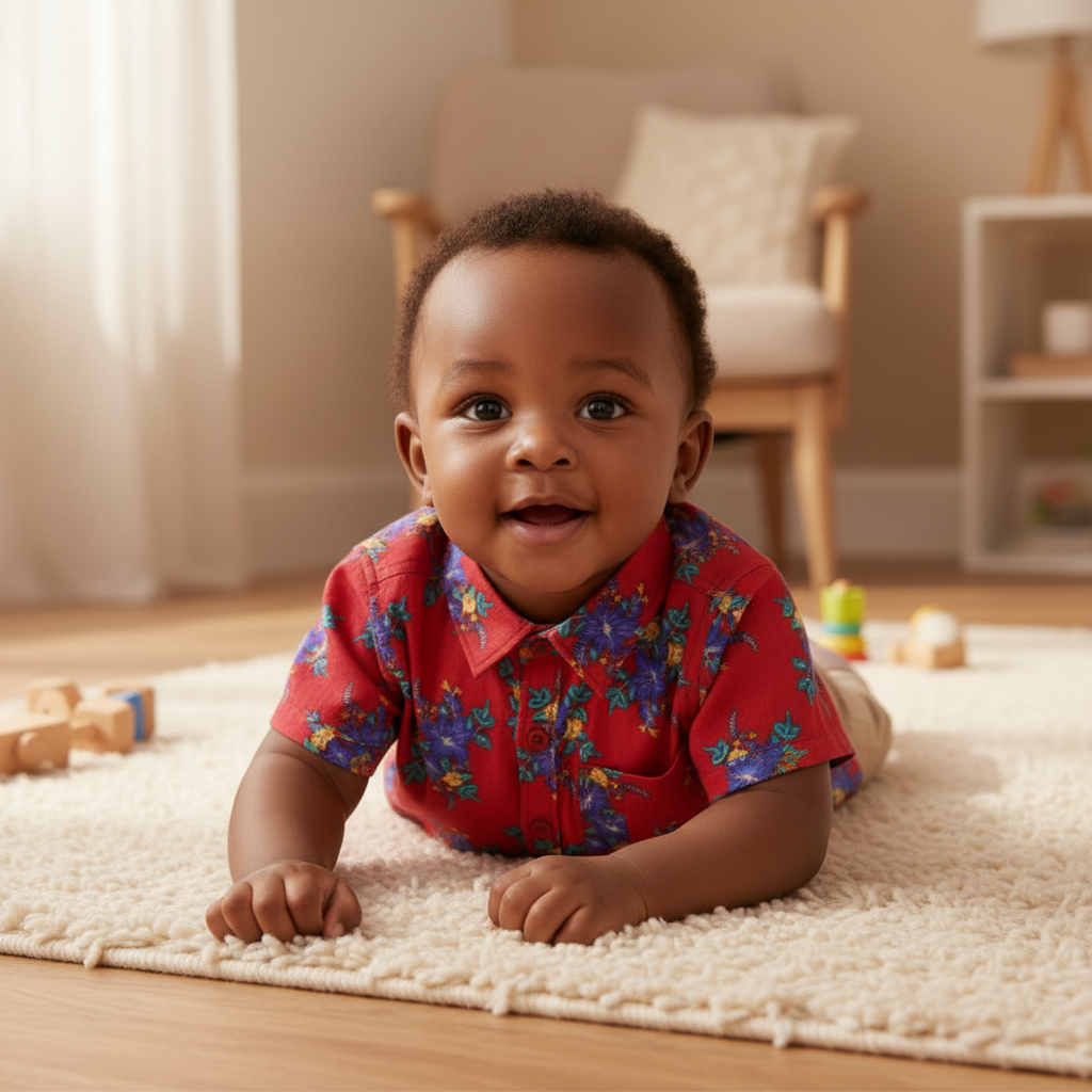 Young Nigerian baby boy wearing vibrant red floral short-sleeve shirt