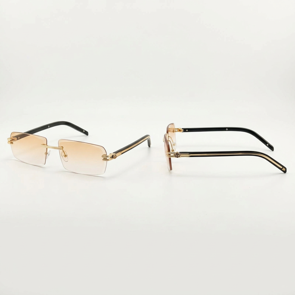 Front and side views of light brown gradient rimless glasses