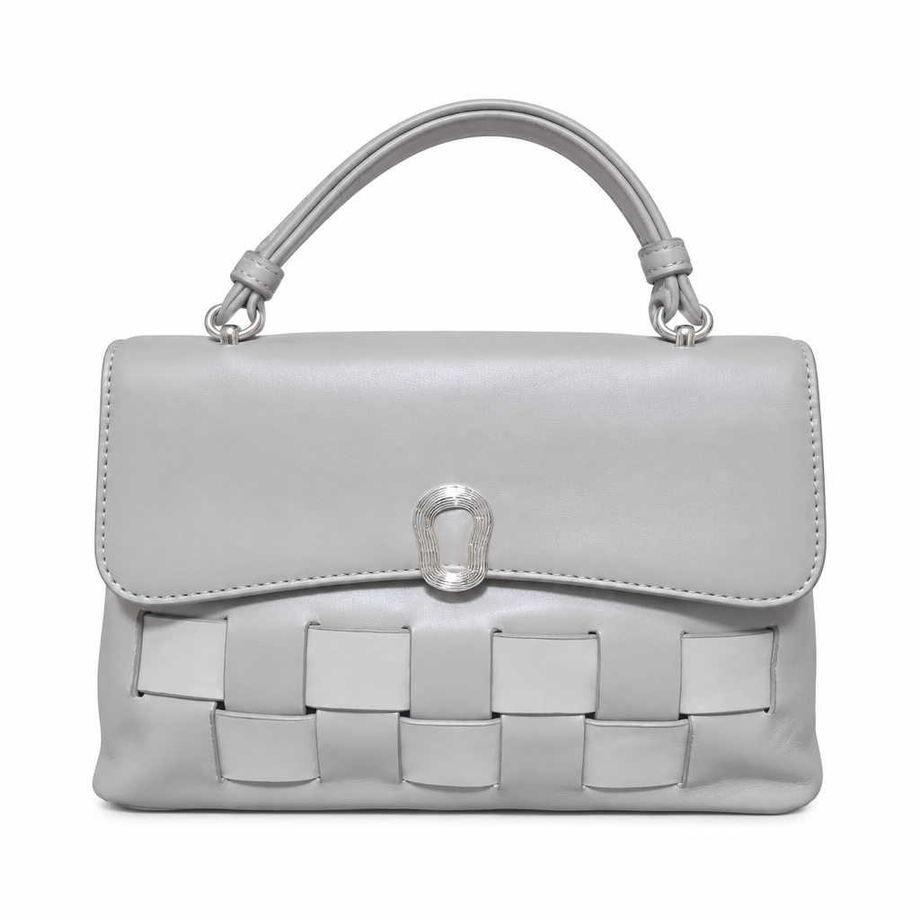 Light grey top-handle handbag with woven lower panel and silver-tone clasp