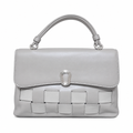 Light grey top-handle handbag with woven lower panel and silver-tone clasp