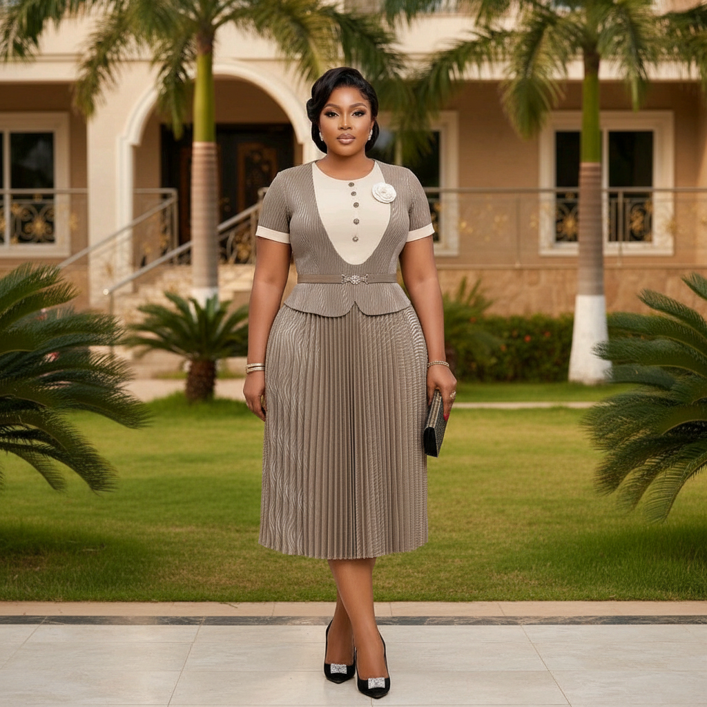 Women's taupe gold peplum pleated midi gown – Nigerian model lifestyle shot