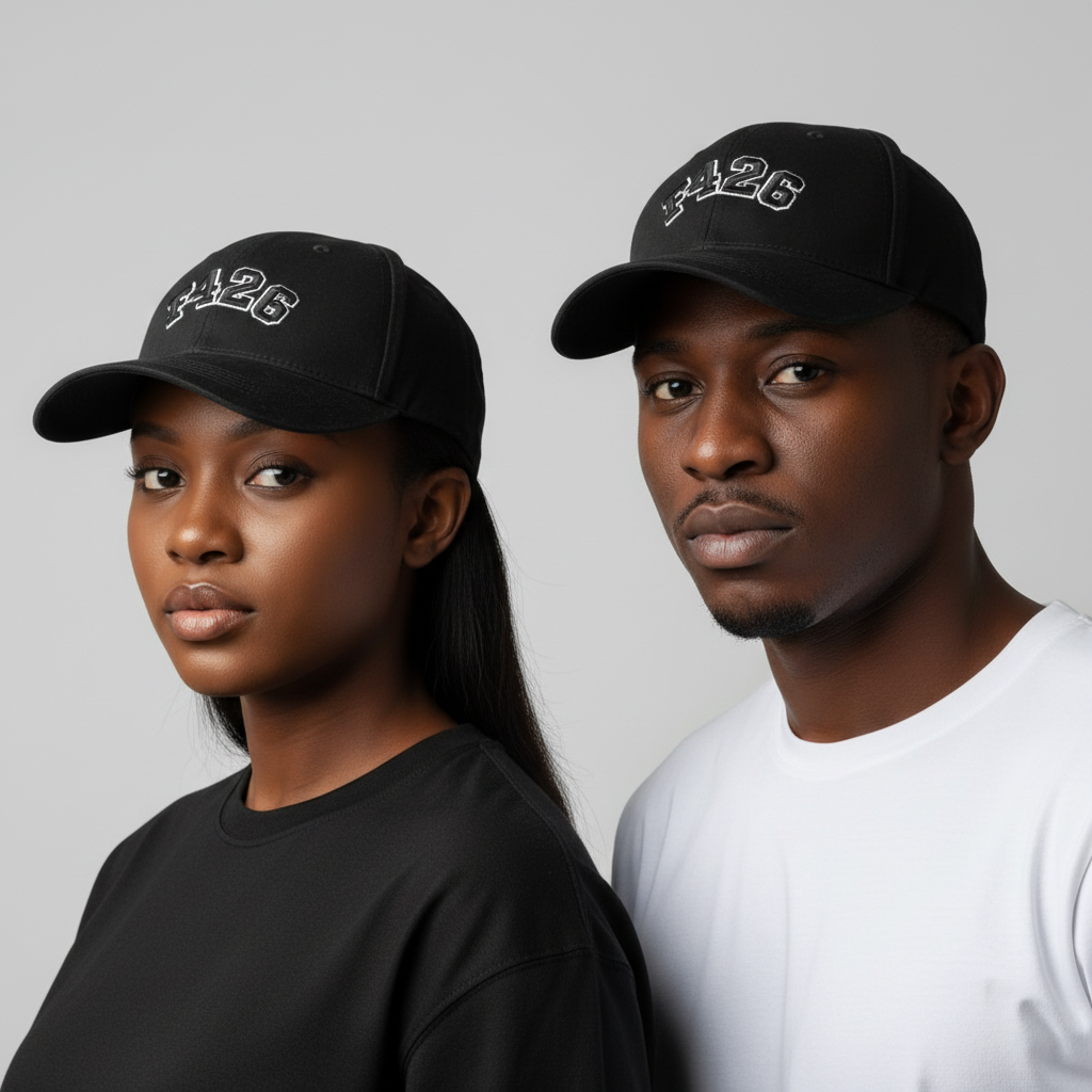 Nigerian male and female models wearing black F426 varsity graphic embroidered baseball cap