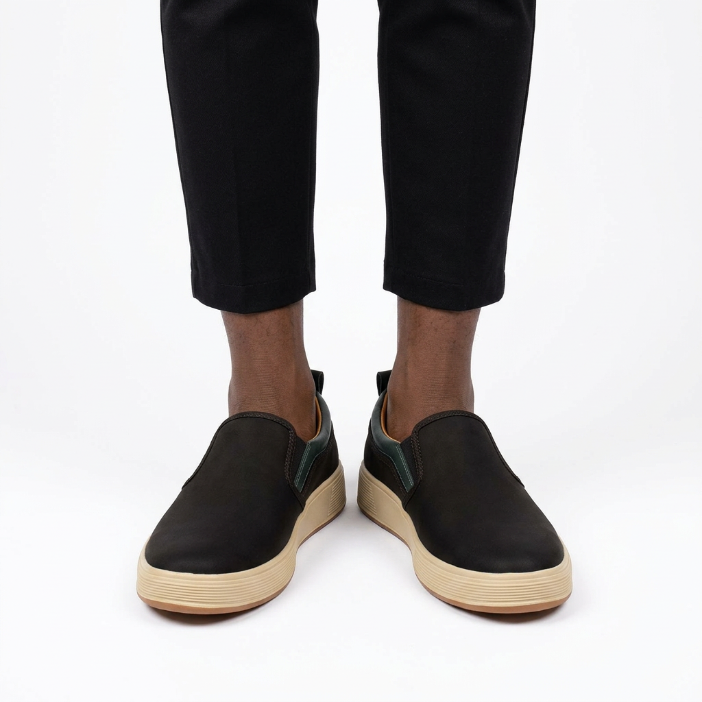 Black green-trim cream-sole slip-on sneakers properly worn on both feet