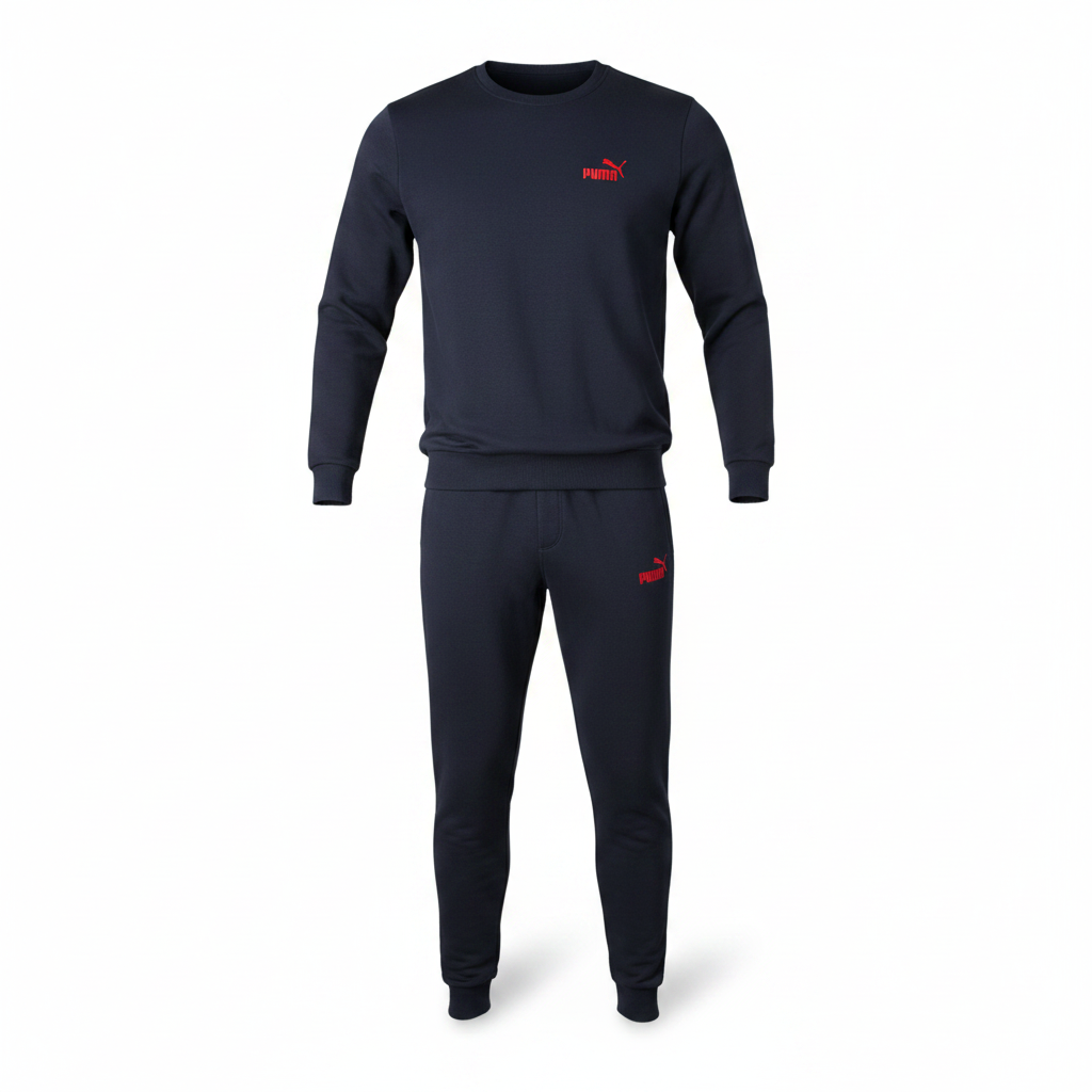 Navy blue red accent fleece crewneck tracksuit set ghost mannequin front view