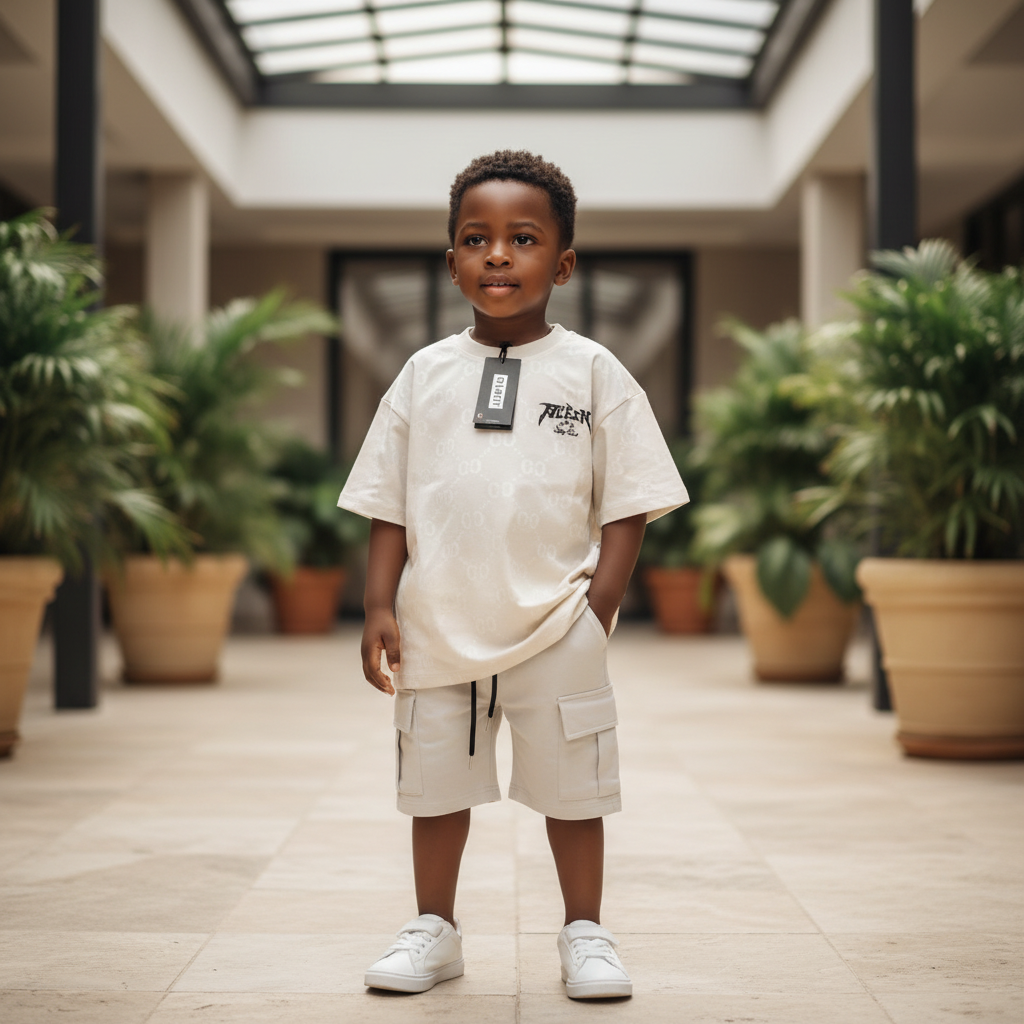 Young Nigerian boy model age 3-6 wearing cream graphic tee and cargo shorts outfit set