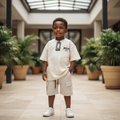 Young Nigerian boy model age 3-6 wearing cream graphic tee and cargo shorts outfit set