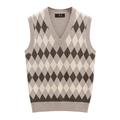Brown and cream diamond-pattern V-neck sweater vest on white