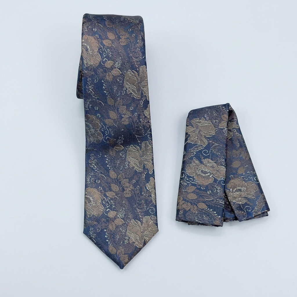 Navy-blue and gold floral tie and matching pocket square on a neutral background
