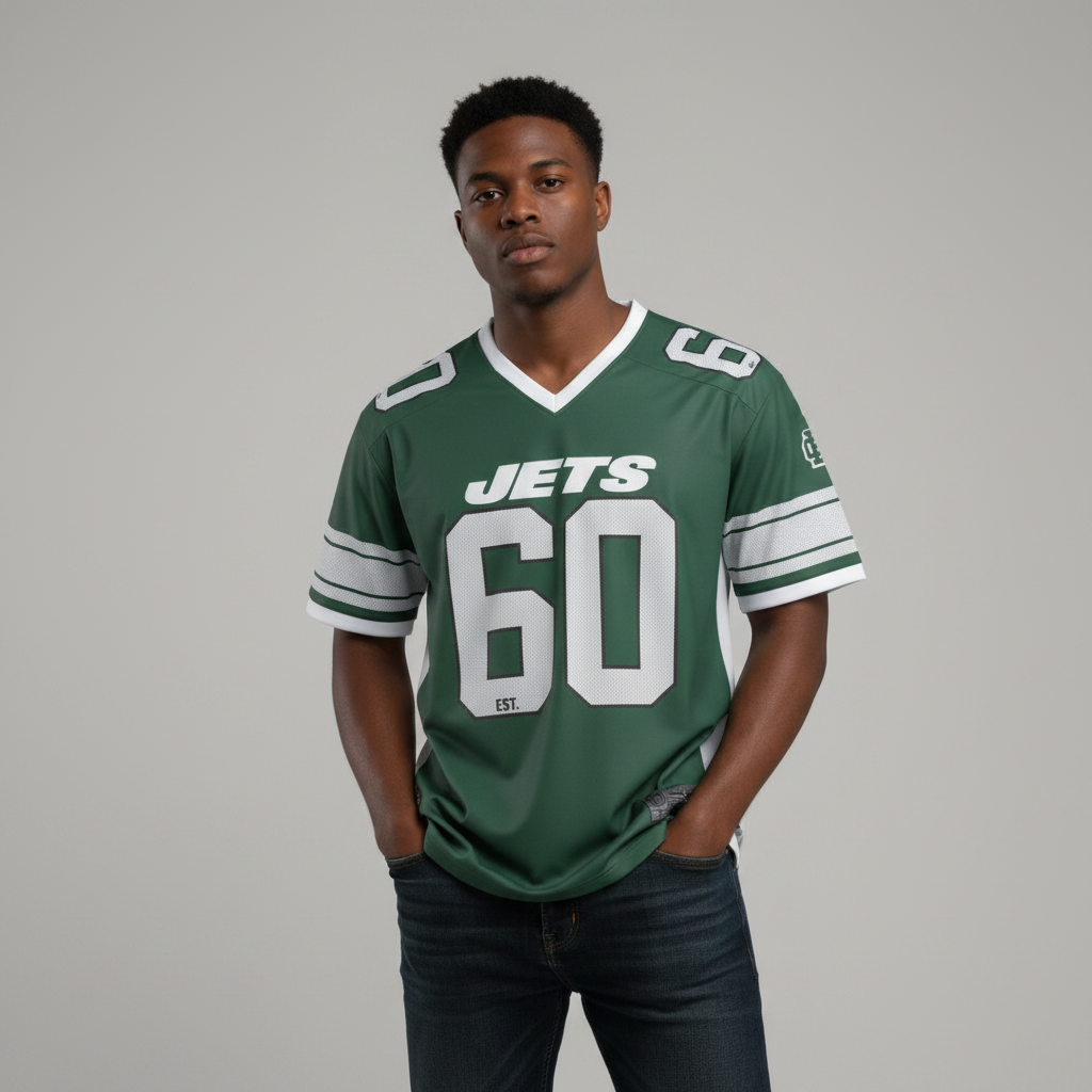 Young Nigerian male wearing forest green NY Jets number 60 NFL football jersey
