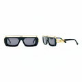 Unisex oversized flat-top sunglasses black acetate frame dark grey lens gold geometric bridge and temple hardware – front and side view