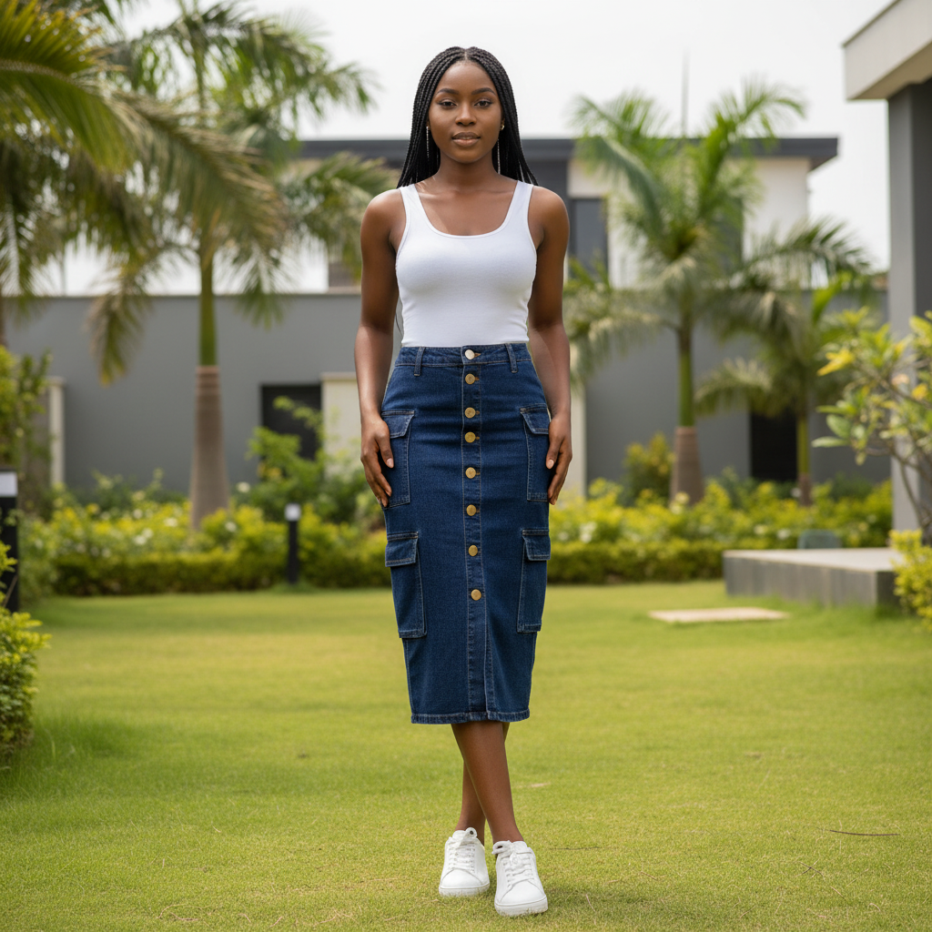 Model Shot – Button-Front Cargo Denim Midi Skirt