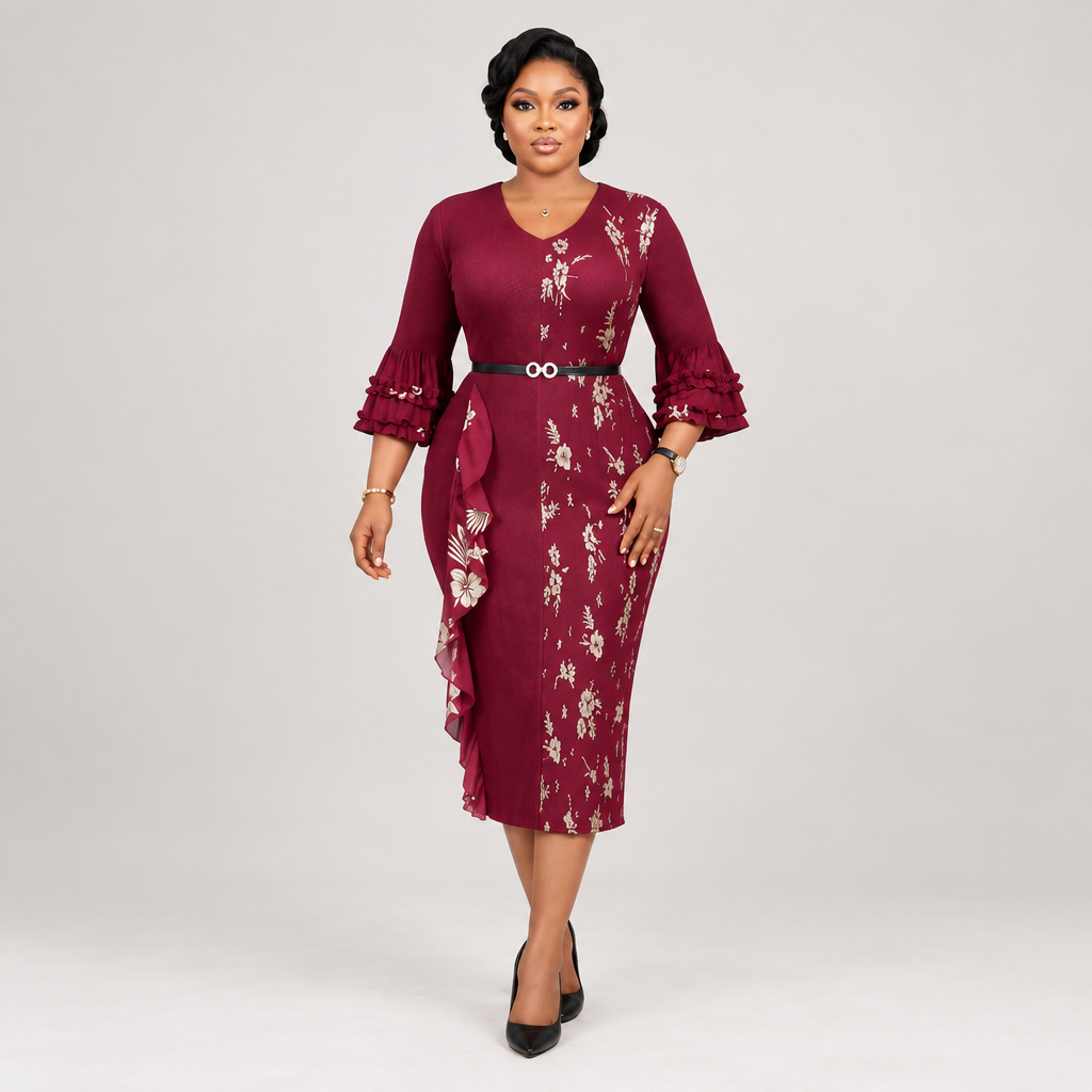 Black Nigerian model wearing a burgundy floral dress with ruffle sleeves and a belted waist