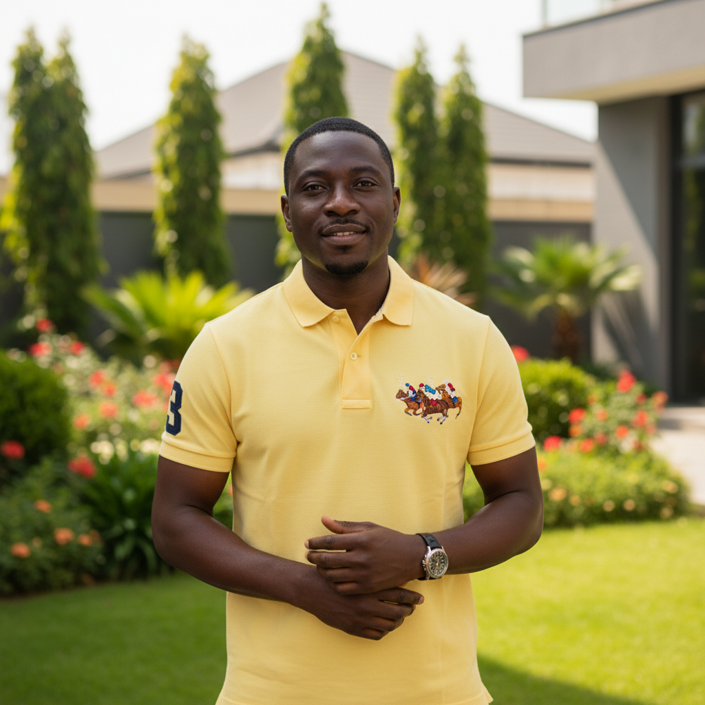 Nigerian male model wearing yellow polo shirt with equestrian embroidery in garden setting