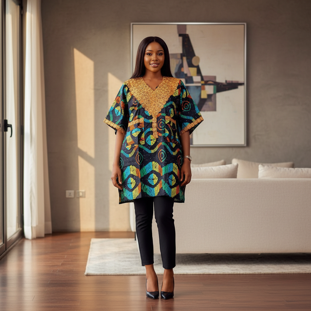 Black Ankara Eye Motif Kaftan Gold Lace Yoke – Model Shot