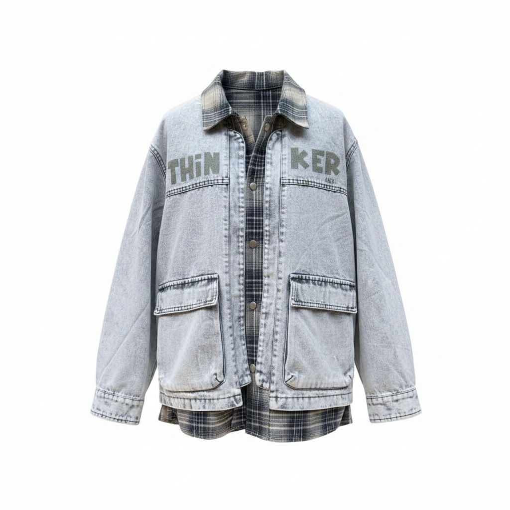 Light acid wash grey denim jacket ghost mannequin — layered plaid flannel collar, appliqué chest lettering, cargo pockets