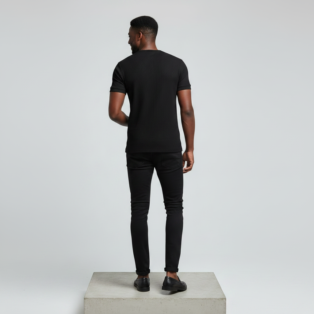 Black Ribbed Henley Short-Sleeve Shirt - Model Back