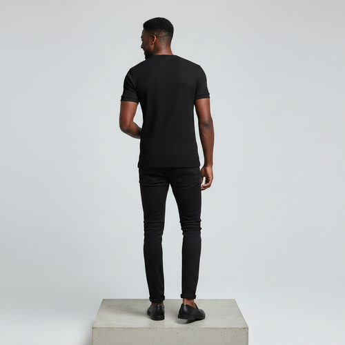 Black Ribbed Henley Short-Sleeve Shirt - Model Back