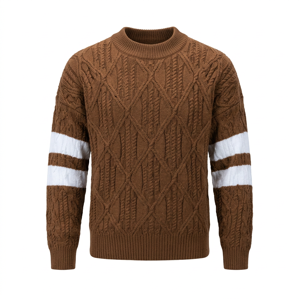 Brown cable-knit crew-neck sweater with two white stripes on each sleeve