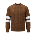 Brown cable-knit crew-neck sweater with two white stripes on each sleeve