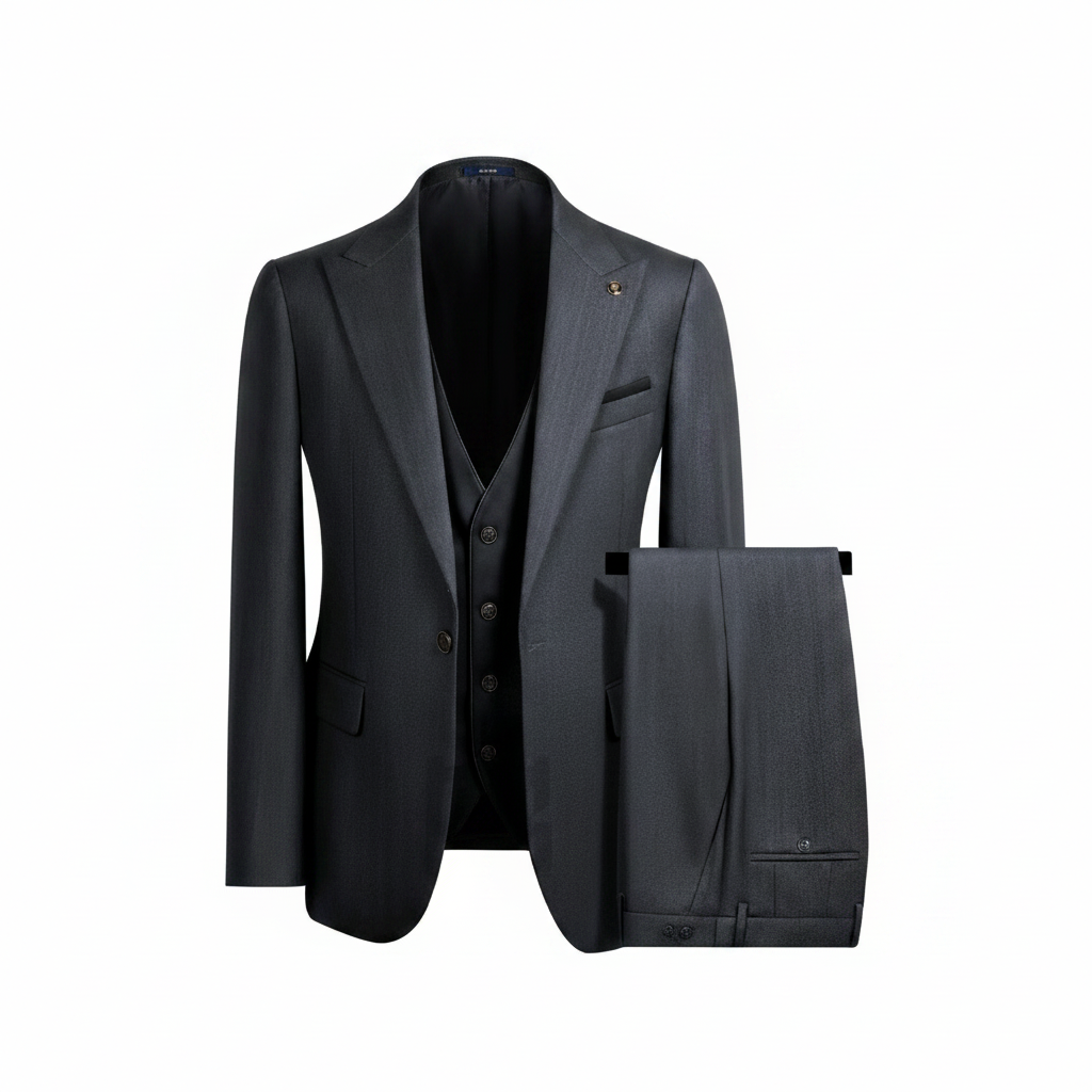 Black charcoal 3-piece suit ghost mannequin view