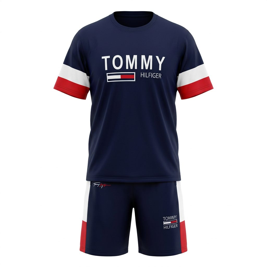 Navy colour-block T-shirt and shorts set on an invisible mannequin