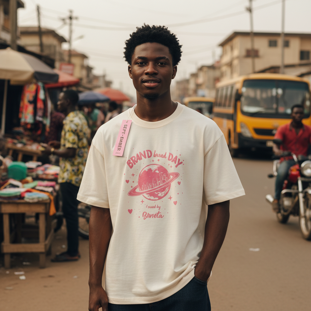 Young Nigerian male model wearing planet graphic cream tee