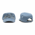 Medium wash denim military cadet cap with gold mixed studs ghost mannequin front and side view
