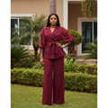 Wine Ruched Fringe Sleeve Peplum Blazer Set - Front Model View