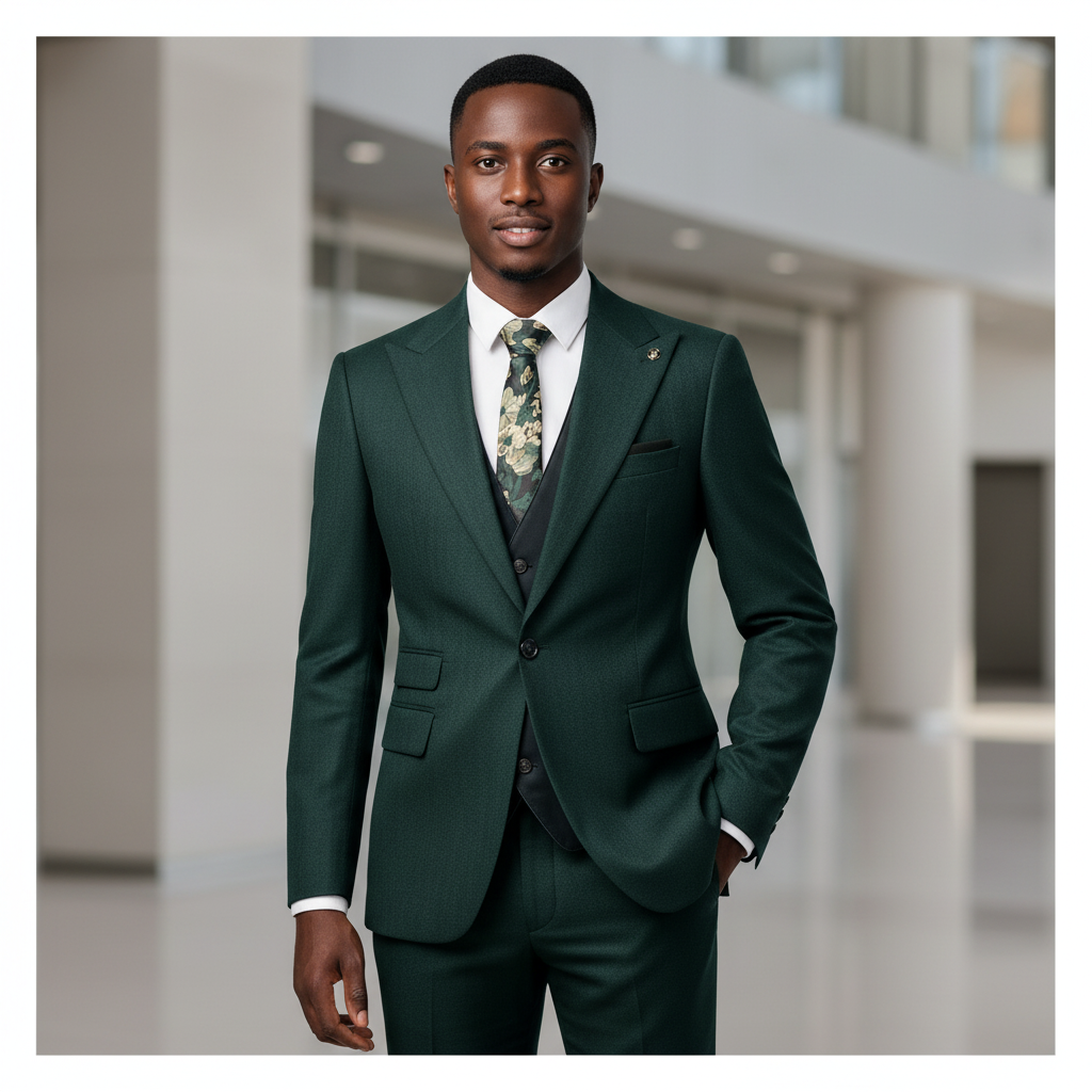 Nigerian male model wearing dark green 3-piece suit