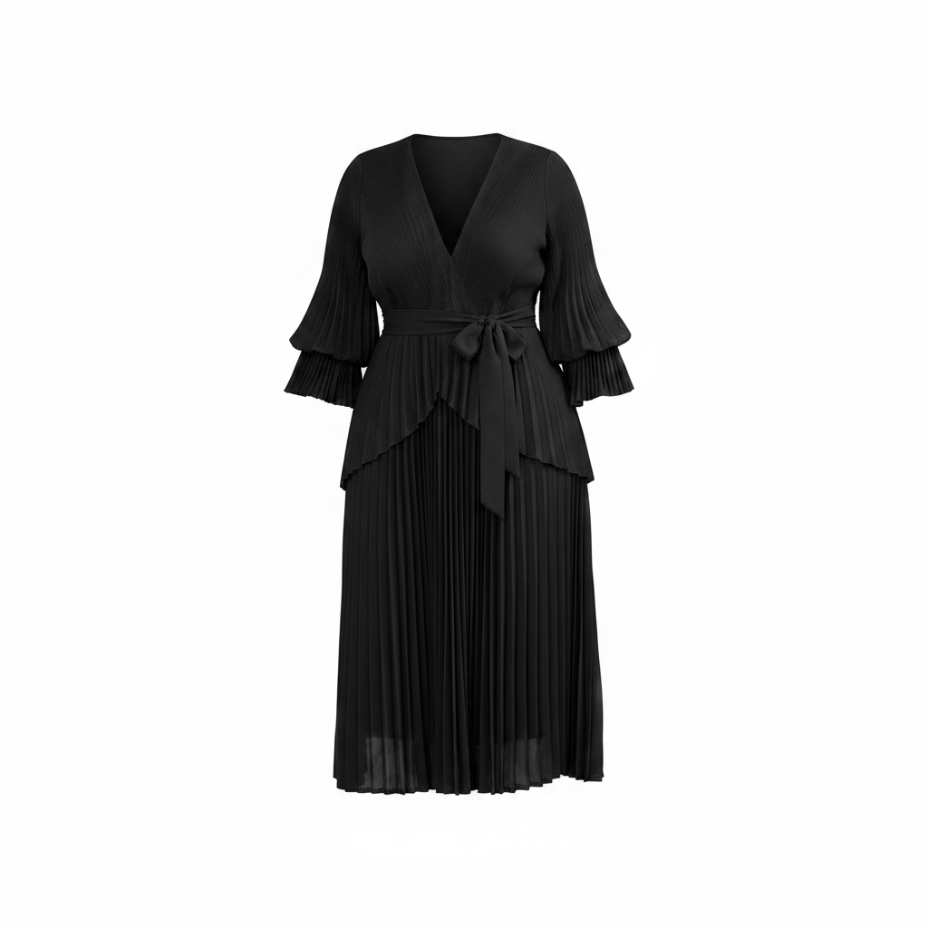 Women's black ruffle sleeve belted pleated midi gown ghost mannequin view on white background