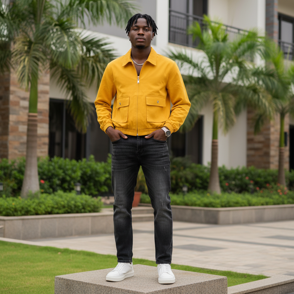 Men's Mustard Yellow Cropped Zip-Up Jacket – Nigerian Male Model Shot