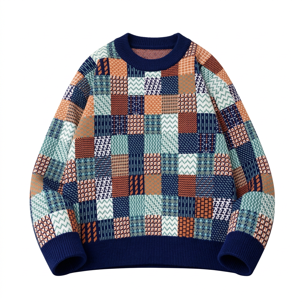 Multicolour patchwork-pattern crew-neck knit sweater with navy ribbed trims