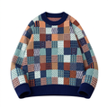 Multicolour patchwork-pattern crew-neck knit sweater with navy ribbed trims