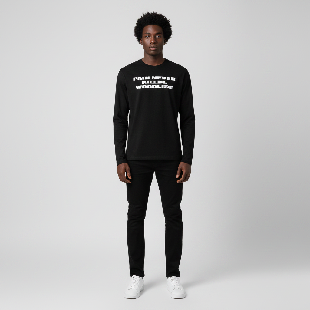 Man wearing the black bold slogan long sleeve tee