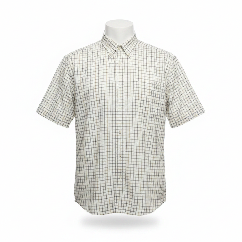 Ghost mannequin cream olive windowpane check short-sleeved shirt