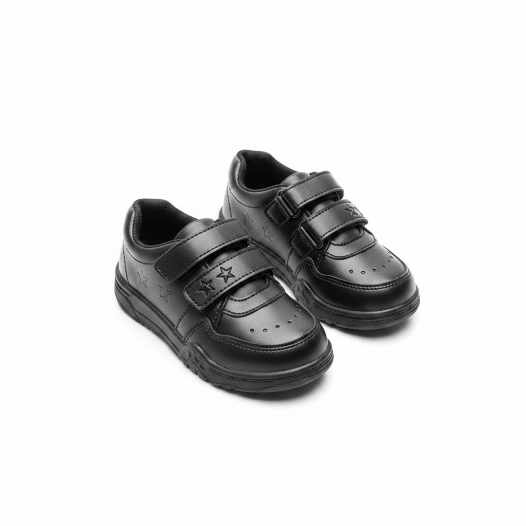 Men's all-black velcro strap formal shoes ghost mannequin view