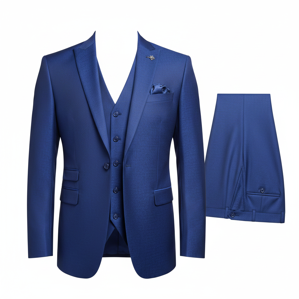 Cobalt blue textured 3-piece suit ghost mannequin view