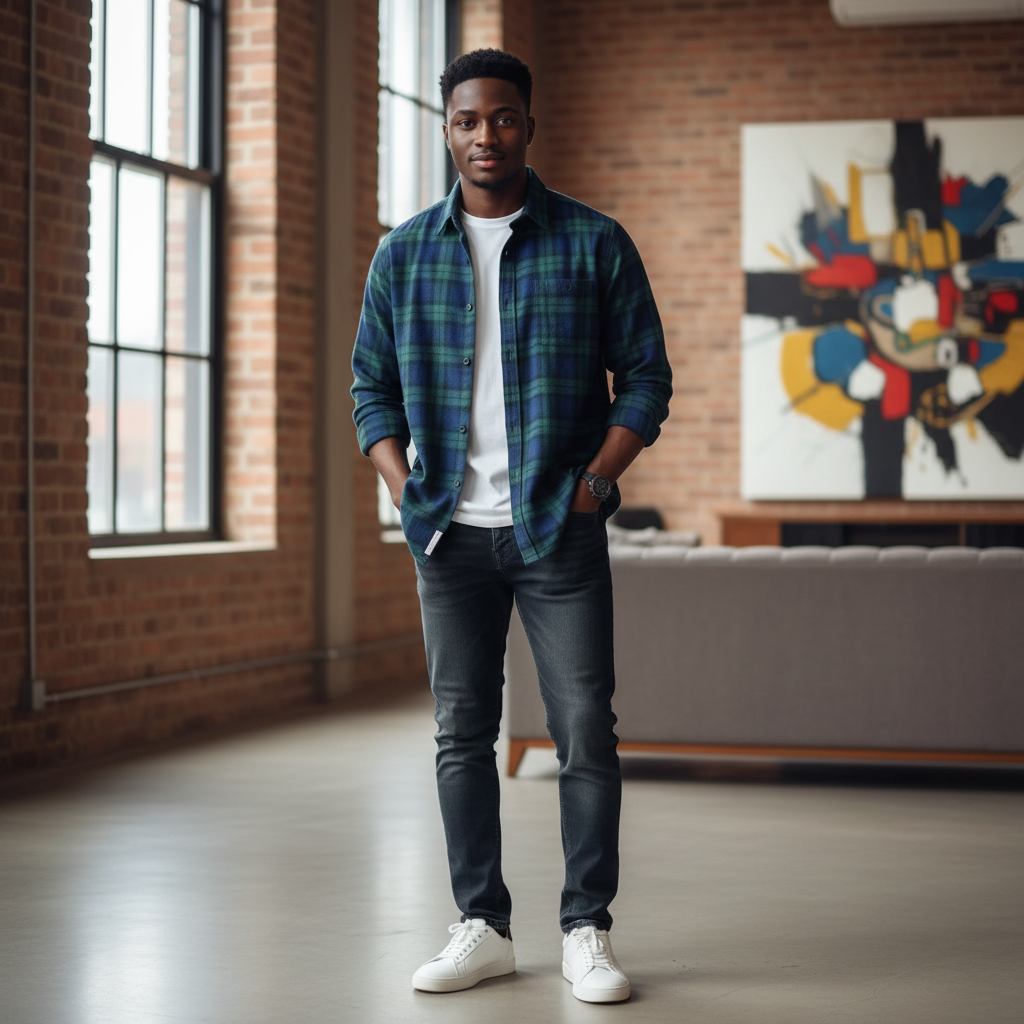 Men's Tartan Flannel Shirt – Model Shot Blue & Green
