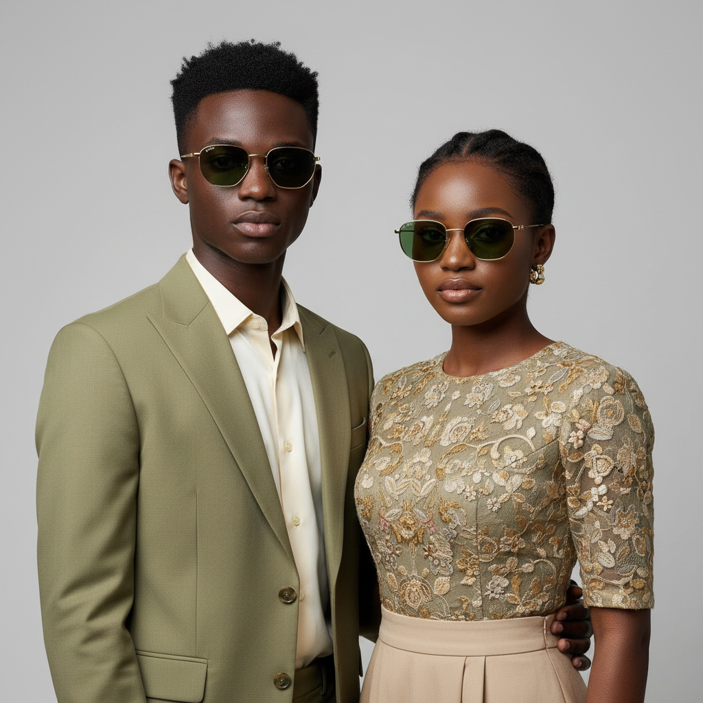 Male and female model lifestyle shot — Geometric Hexagonal Sunglasses Gold Wire Green Teal