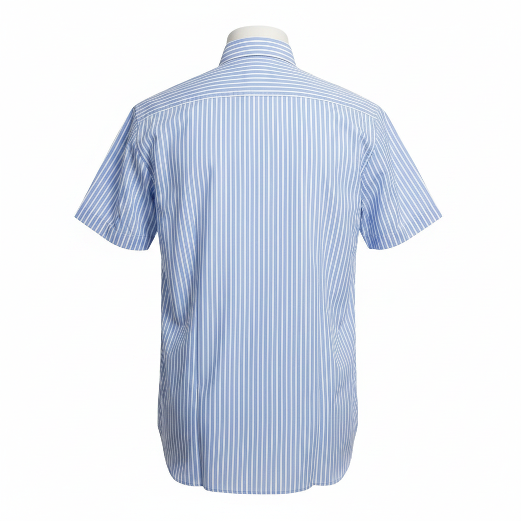 Ghost mannequin back view of blue white vertical stripe short-sleeved shirt