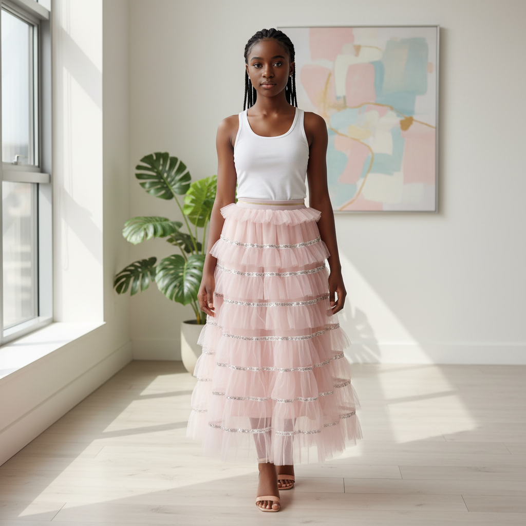 Nigerian teenage girl wearing pink tiered ruffle tulle skirt with silver sequin trim