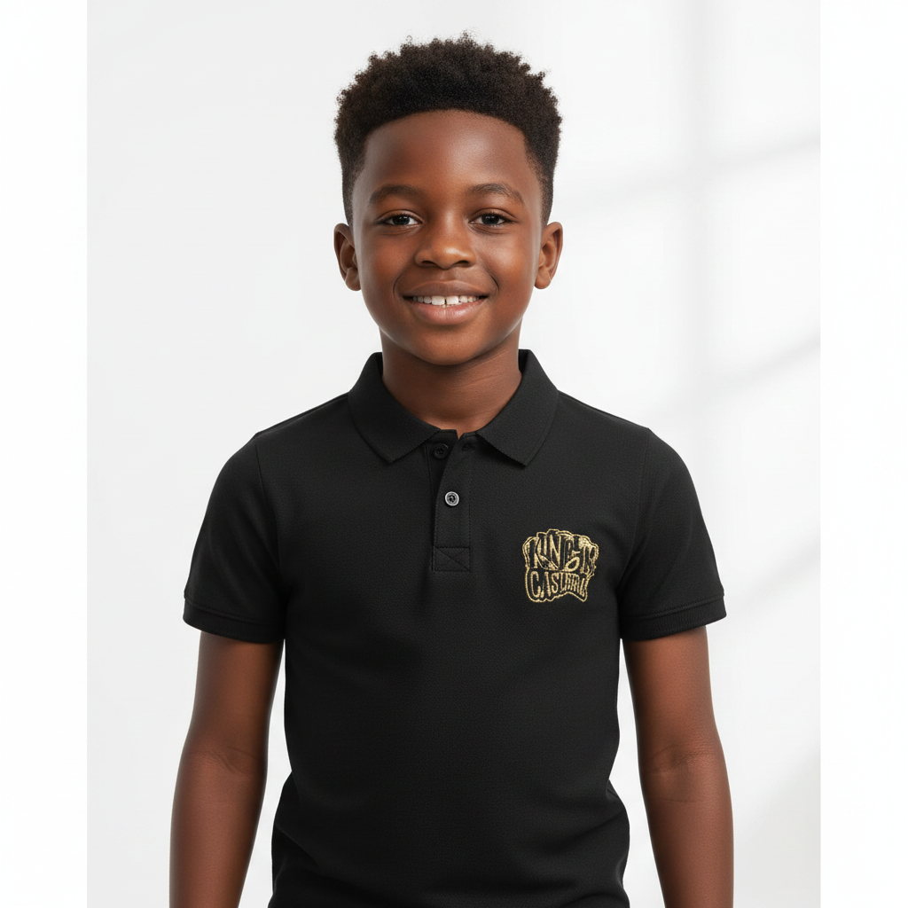 Nigerian child model wearing Kids Black Polo Shirt