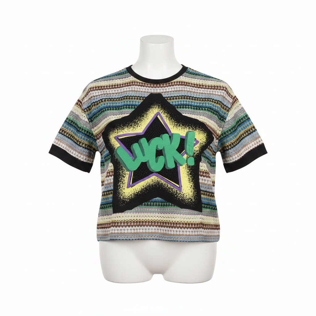 Multicolour Stripe Knit Star Graphic Short-Sleeved Shirt - Ghost Mannequin
