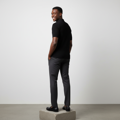 Black Ribbed Polo Silver Coin Buttons - Model Back