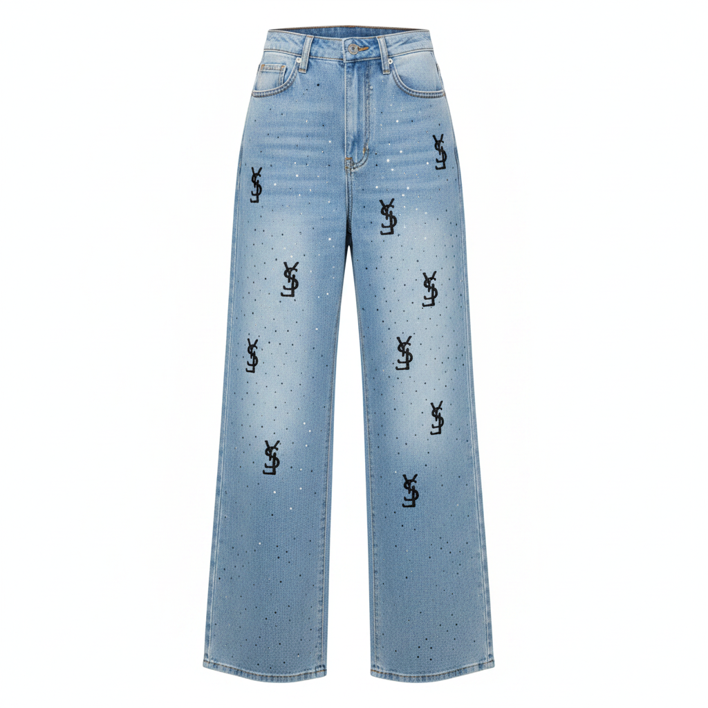 Women's light blue monogram print wide leg denim jeans ghost mannequin front view on white background