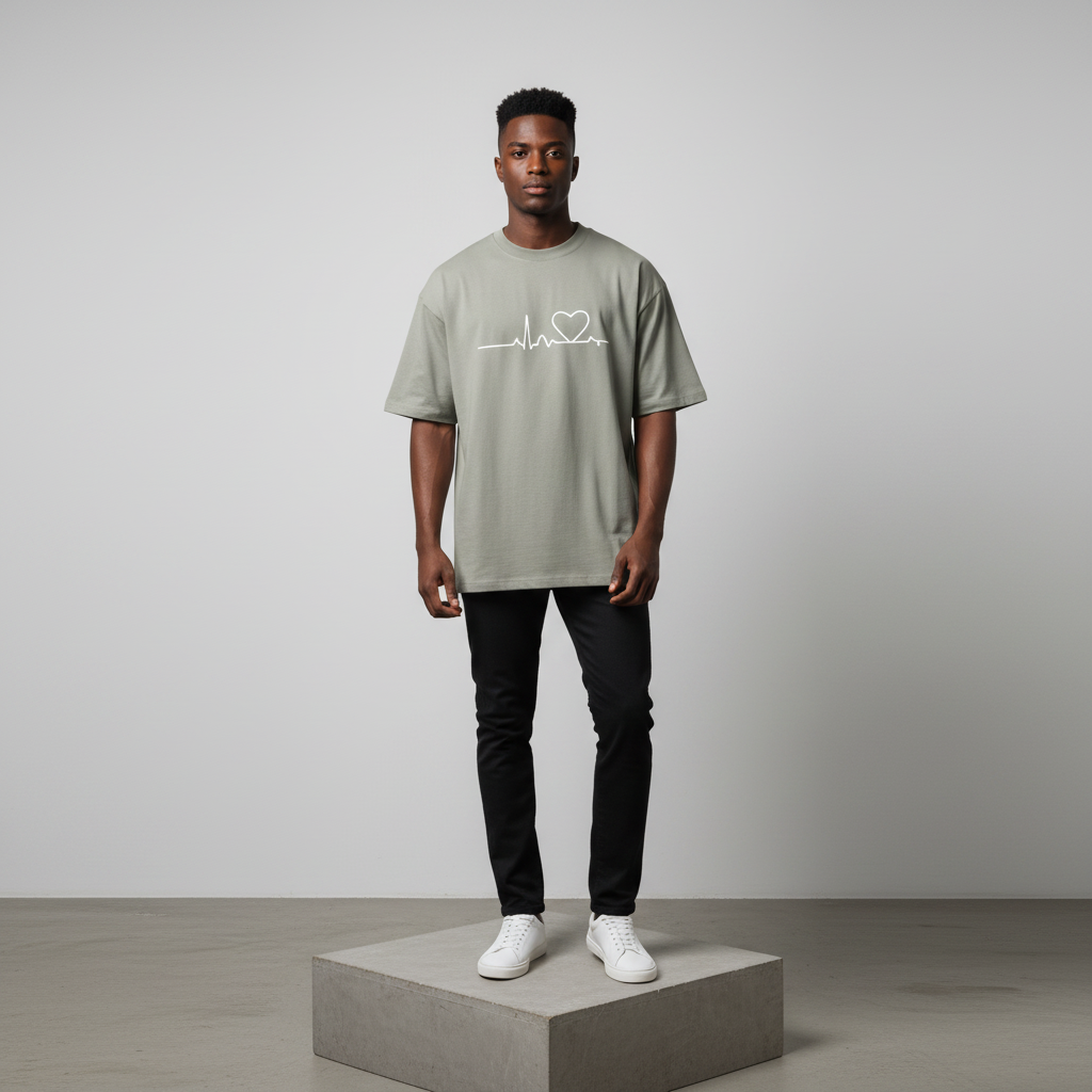 Stone Grey Heartbeat Print Short-Sleeved Shirt - Model Front