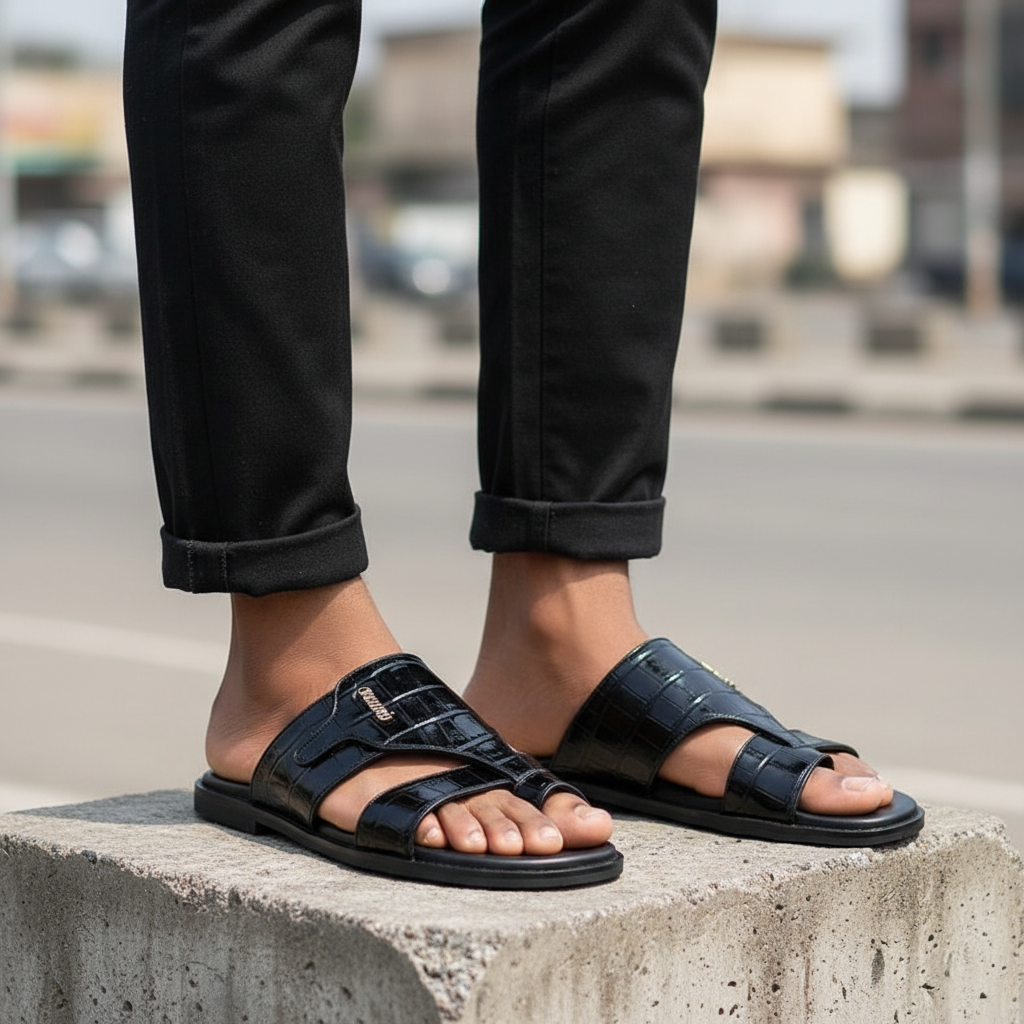 Leg focus shot of men's black patent croc double-strap flat slide sandals on Nigerian male model