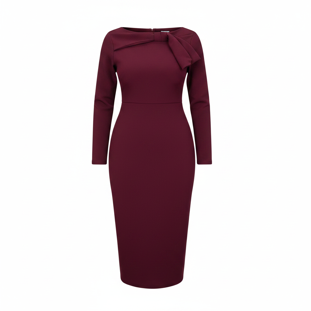 Ghost mannequin view of women's burgundy bow-neck bodycon midi dress