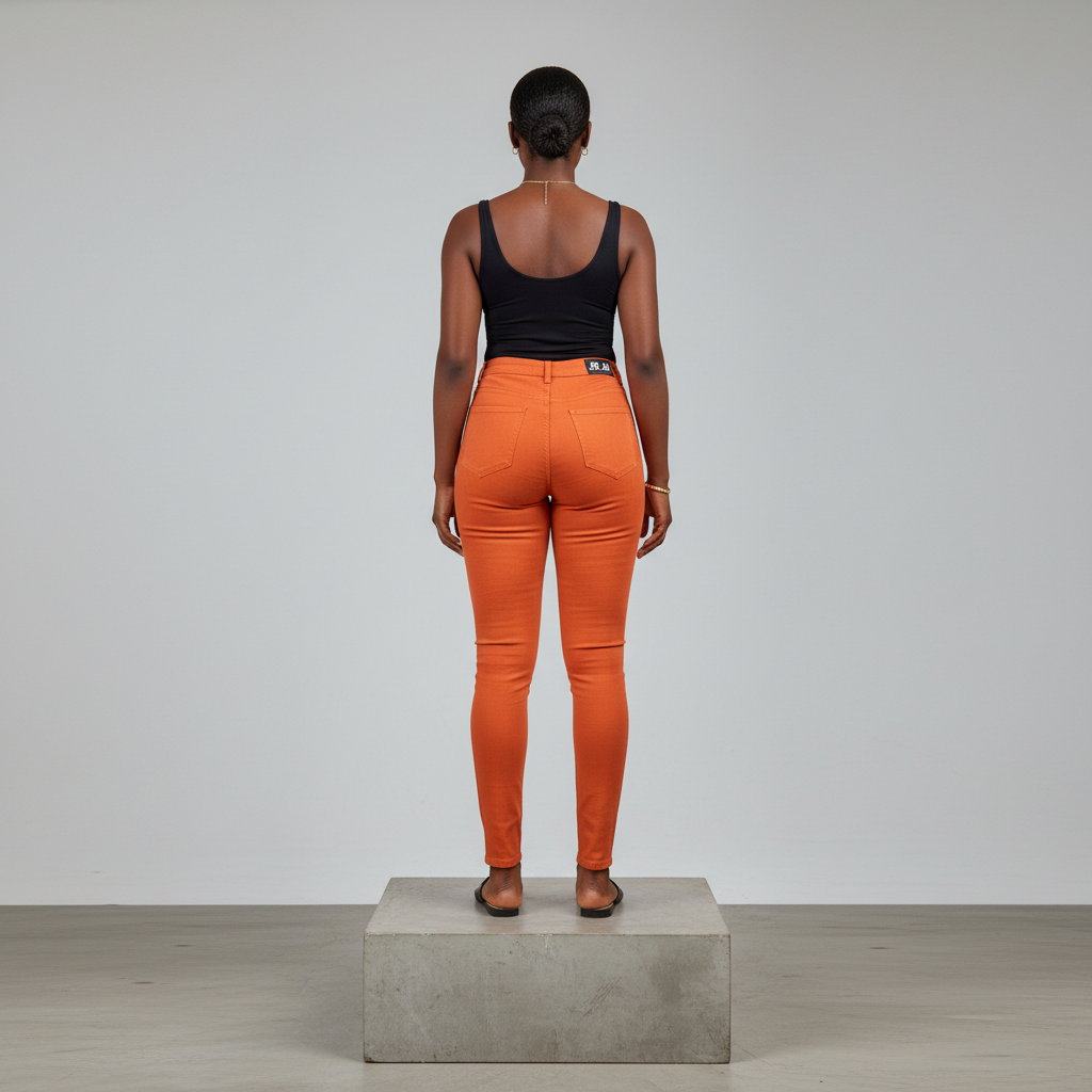 Orange High-Waist Skinny Stretch Jeans – Back Model