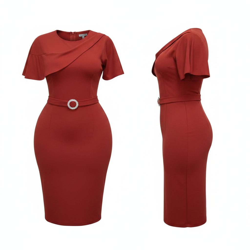 Women's Red Asymmetric Draped Belted Bodycon Midi Dress – Ghost Mannequin Front and Side View